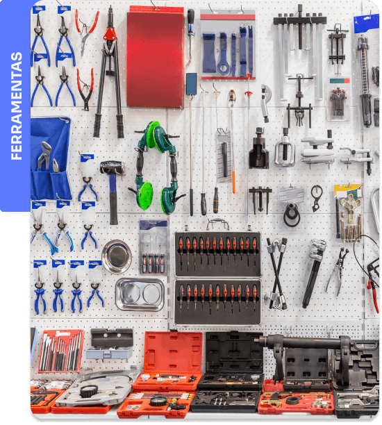 A palavra ferramentas seguida de uma imagem de uma prateleira com várias ferramentas diferentes